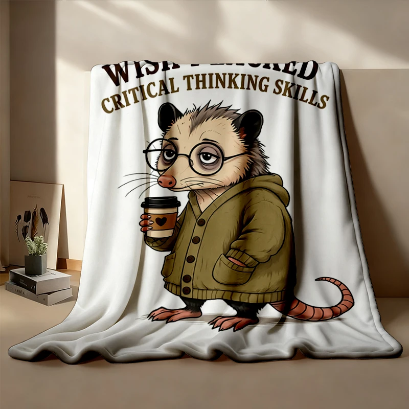 Funny Opossum Coffee Flannel Blanket, Critical Thinking Humor Graphic Flannel Throw