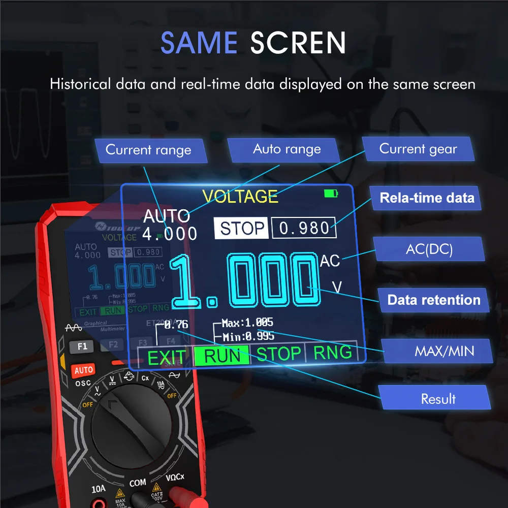 TOOLTOP ET2010A Digital Oscilloscope Multimeter 1Mhz 2.5MSps Color Handheld Oscilloscope AUTO Waveform Electronic DIY Tools