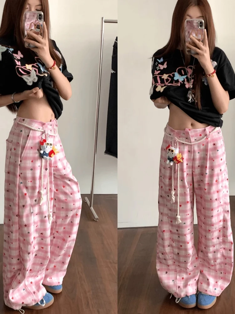 

AMER Color Blo Plaid Wide Leg Casual Pants ex Summer Splicing Couple CleanFit American Retro Straight Leg Pants