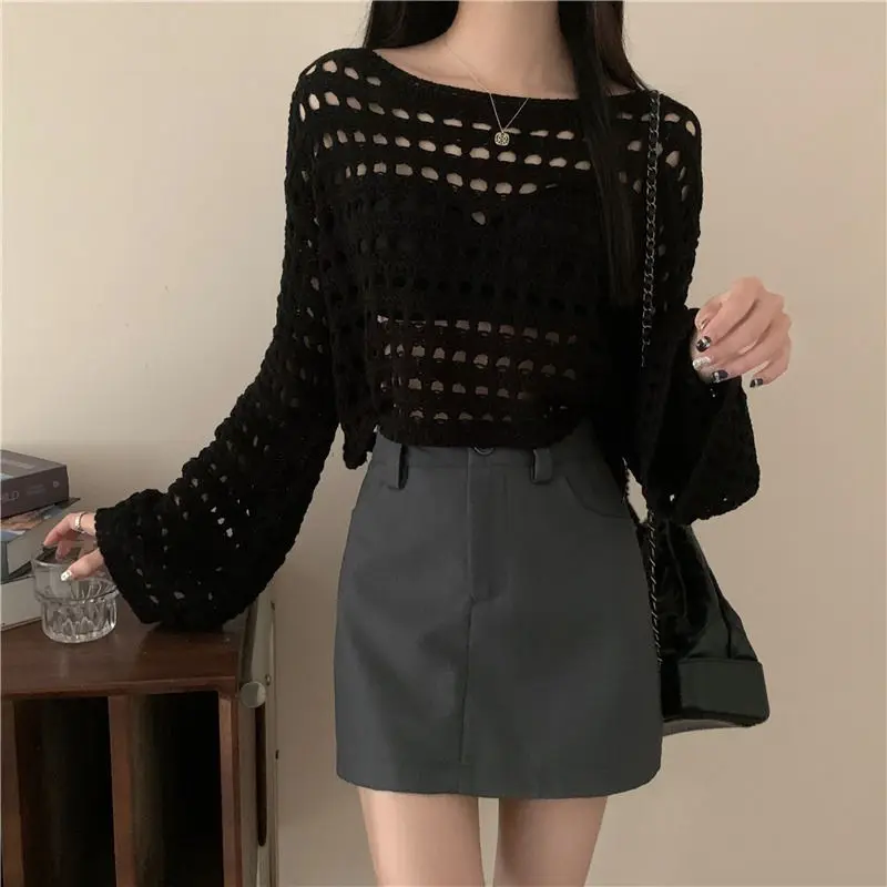 Spring Summer Round Neck Long Sleeve Skeleton Knit Sweater Women Thin Stacked Sunscreen Coverall Loose Short Tops Outerwear