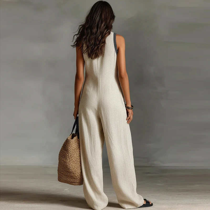 New Sexy Deep V Neck Patchwork Color Long Pants Jumpsuit Women Casual Pocket Sleeveless High Waist Romper Women Summer Overalls