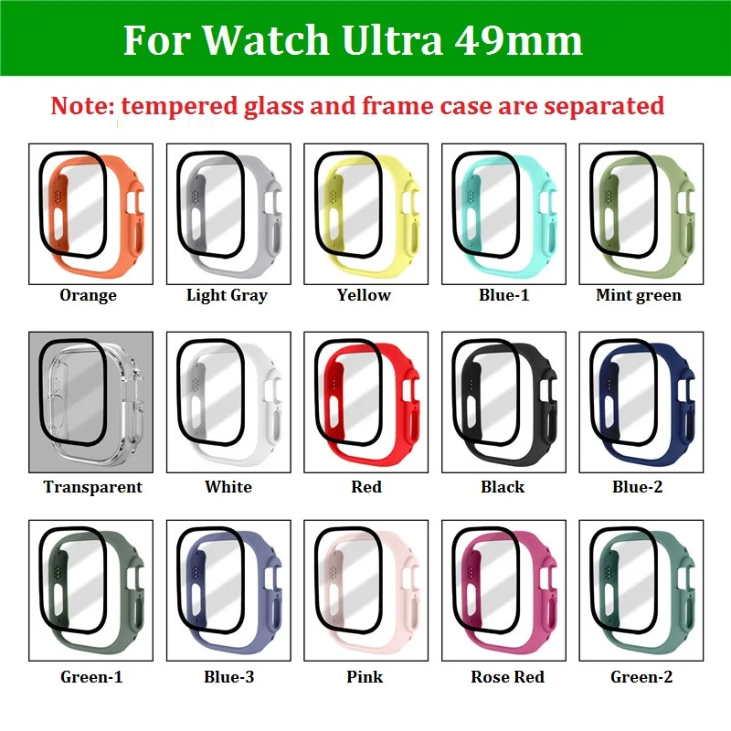 15 Colors Micro Matte Hard Frame Case +Tempered Glass Screen Film for Apple Watch Ultra 49mm Shockproof Anti-scratch Watch Cover