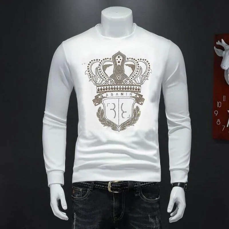 BORUNKE Men's Thick Design Long Sleeve Winter Rhinestones Men Sweatshirts Casual  Hoodies Cool  Male  107