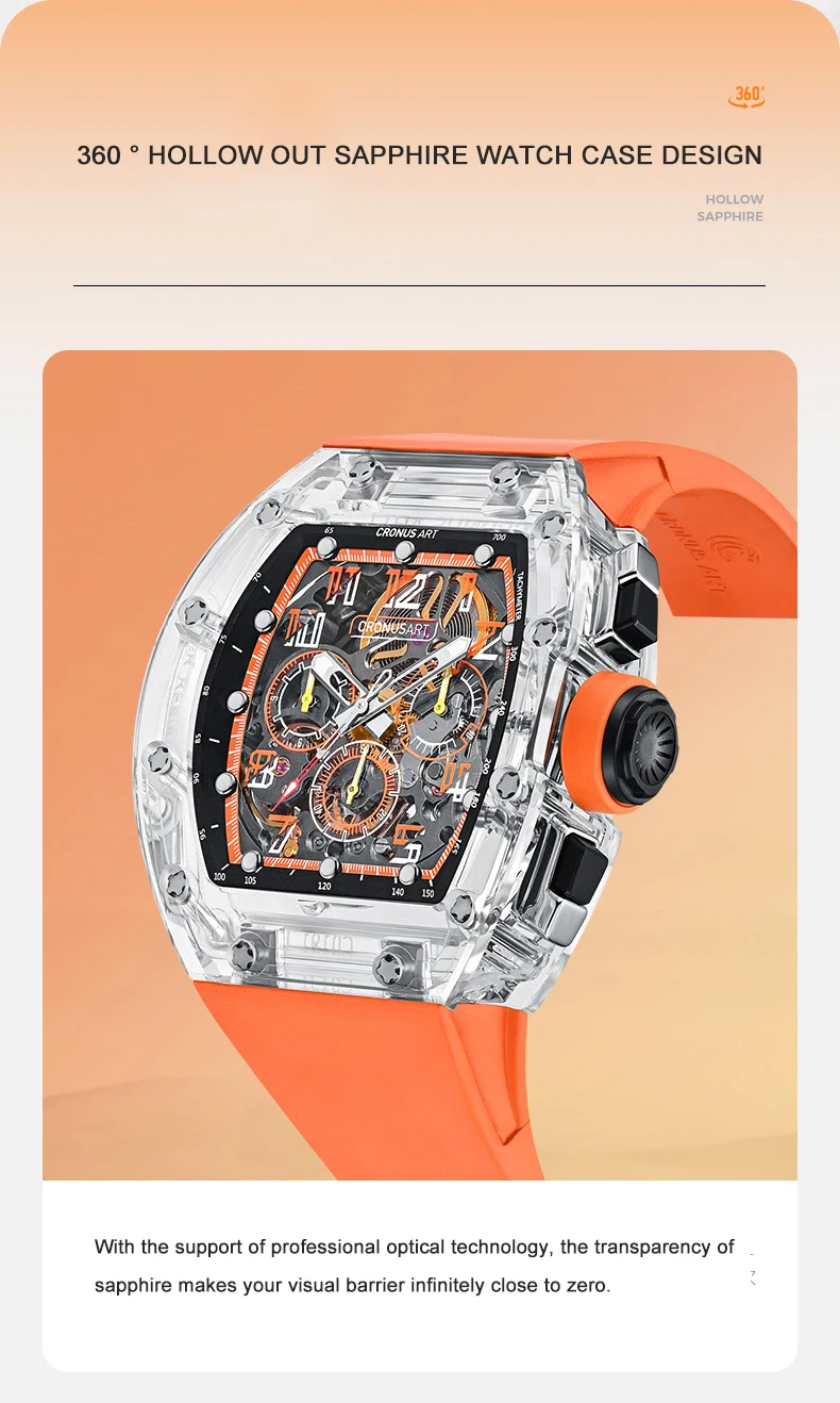 CRONUSART Orologio cronografo da uomo 50MM Tonneau Orologio da polso meccanico Cassa in zaffiro Cinturino in gomma fluorurata luminosa Grandi finestre triple