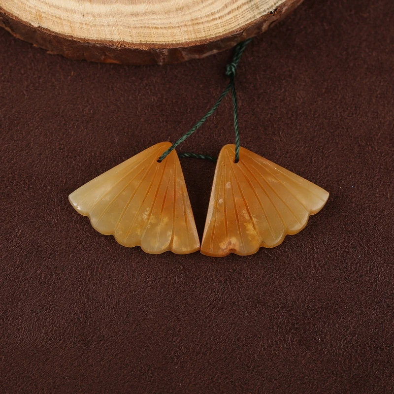 Natural Gemstone Yellow Jade HandCarved Leaf Shape Earrings Autumn Fashion Jewelry for Women Beads 27x22x4mm 6.7g