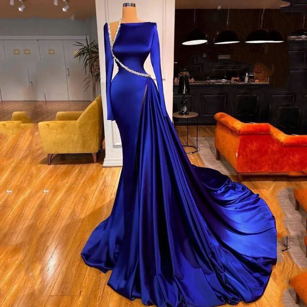 Royal Blau Prom Kleider Luxus Langen Ärmeln Meerjungfrau Abendkleid für Frauen Friesen Drapierte Satin Formale Partei Gwons 2023 Benutzerdefinierte