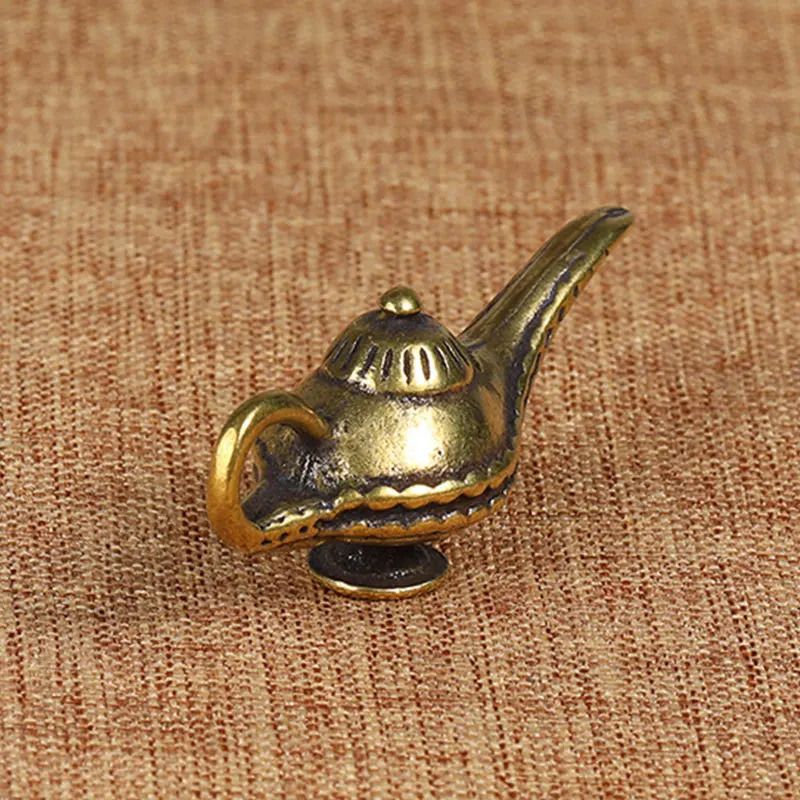 Brass Aladdin Magic Lamp Figurines Miniatures Creative Keychain Pendant Decoration Trinket Metal Copper Oil Lamp Keyring Hanging