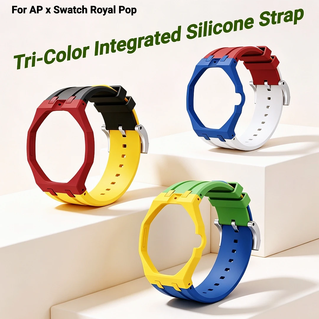 Tri-Color Integrated Silicone Watch Strap Mod Kit With Fold Buckle Compatible With Swatch X Royal Pop Watch Accessories