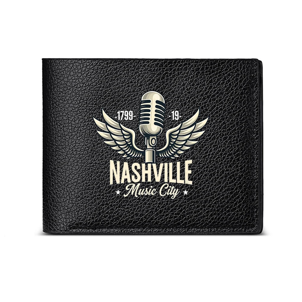 Nashville Music City Winged Microphone Design Men's Wallet Card Holder Fashion Business Casual Style