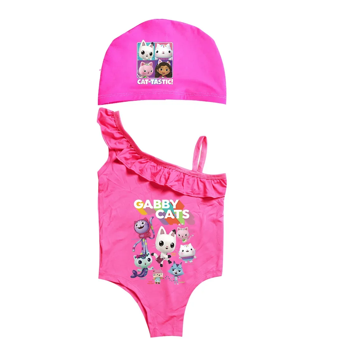 Gabbys Dollhouse Swimwear Kids Cartoon BeachWear with Cap 2pcs Set Sleeveless Swimming Toddler Girls Cartoon Gabby Cats Swimsuit