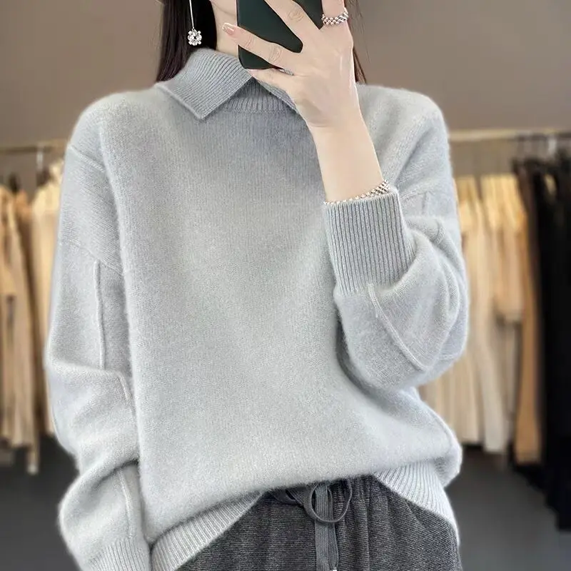 Autumn Winter New Turn-down Collar Knitted Sweaters Simple Solid Loose Casual Pullovers Women Fashion Temperament Tops