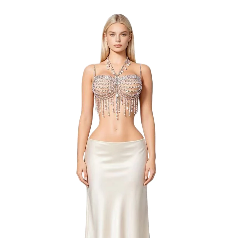 Damen Strass Perlen Quasten Körperkette Neckholder Crop Top Sexy Kristall Harness Cami Top Halloween Festival Club Party Y2K Outfit – Detail 1