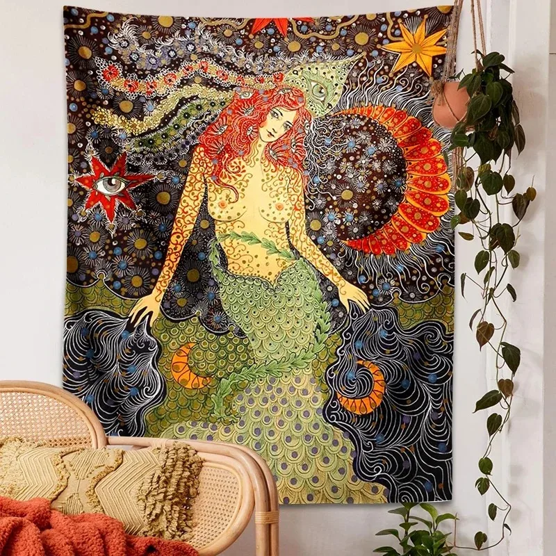 VIKAMA Mermaid Tapestry Fantasy Wall Hanging Boho Ocean Goddess Art with Evil Eye Mandala for Bedroom Bathroom