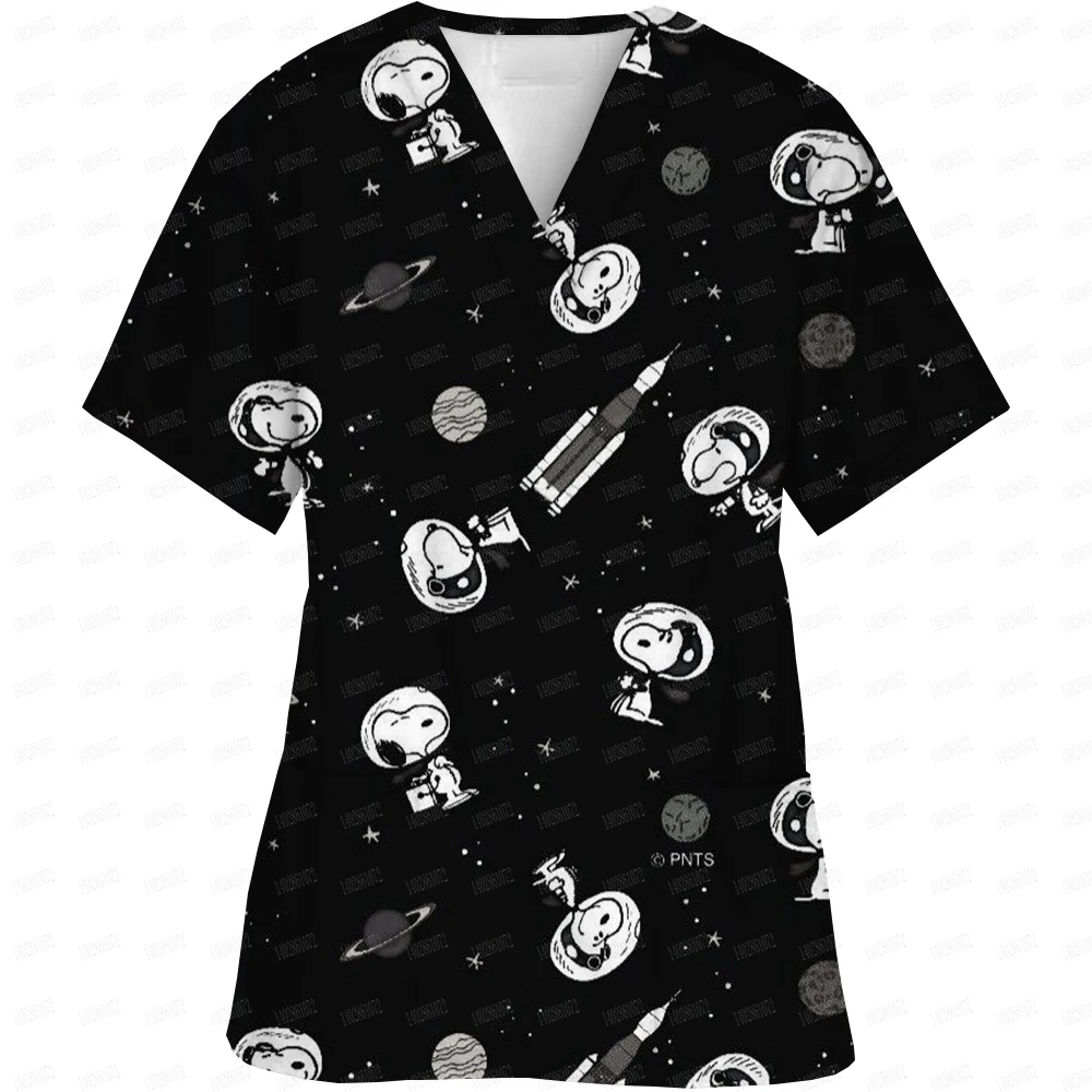 Snoopy printScrubs Top Women Pockets V-Neck Scrub Uniforms Pet Grooming Nurse Spa Caring Shirt uniformes de enfermería para muje