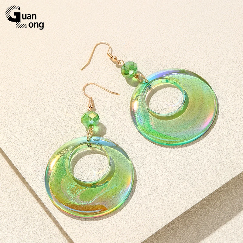 GuanLong New Fashion Geometric Big Dangle Earrings For Women Laser Color Resin Long Round Drop Earring Girls Summer Party Gifts