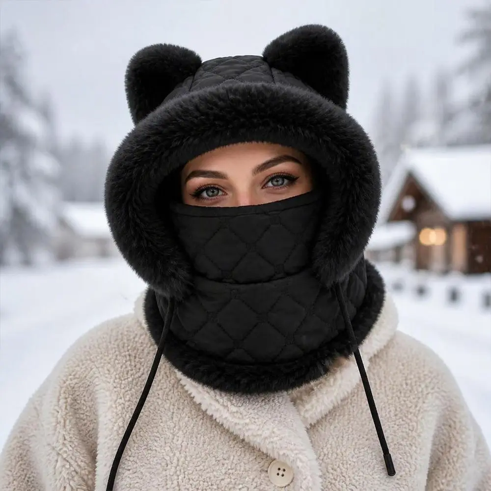 Windproof Winter Balaclava Hat Zipper Closure Faux Fur Trim Full Face Neck Warmer Full Face Coverage Thick Fleece Lining