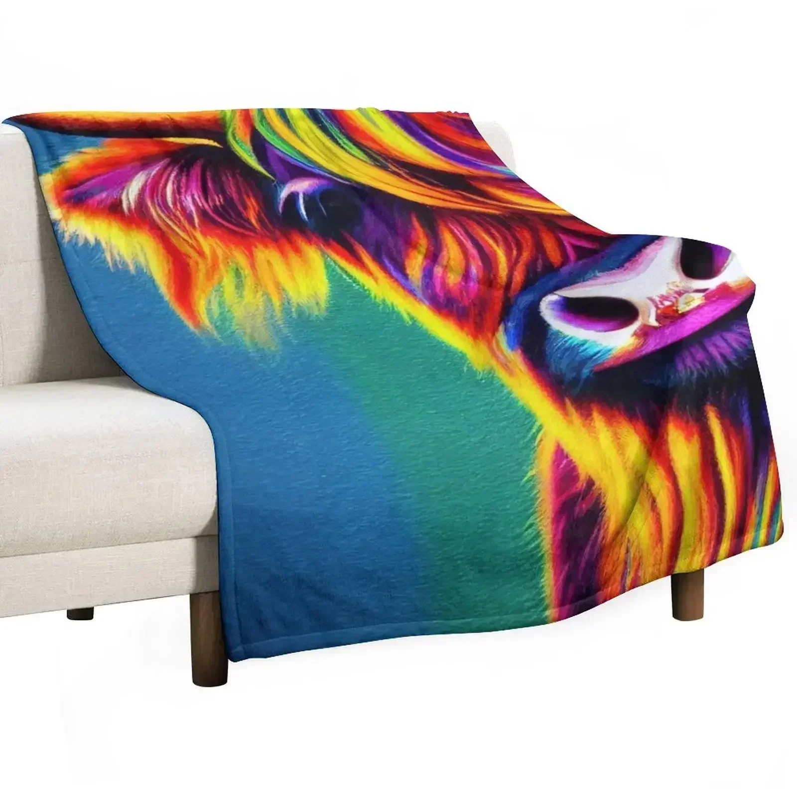 Rainbow Scottish Highland Cattle, colorful Throw Blanket Stuffeds Multi-Purpose Luxury Bed linens Large Luxury Designer Blankets