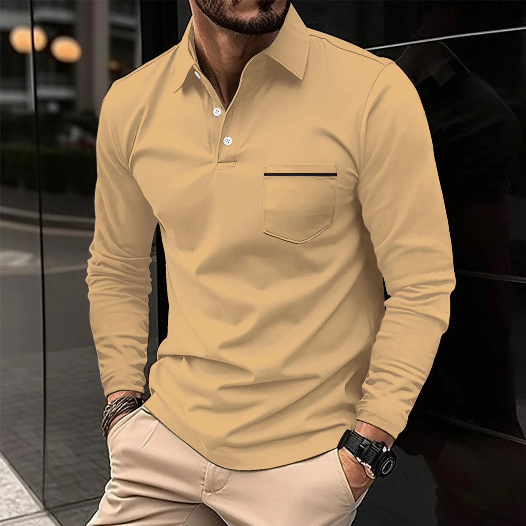 Autumn And Winter New Sports Polo Shirt Men\'s Long-sleeved Casual Lapel Polo Shirt Solid Color Pocket T-shirt