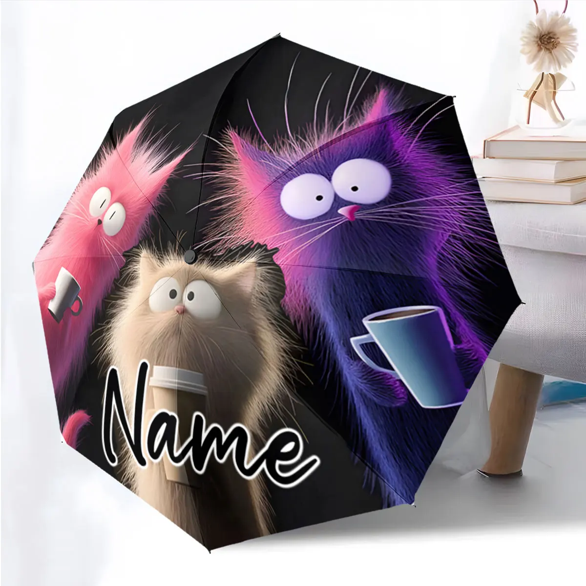 Custom Name Furry Cats with Coffee Design Umbrella Print 8 Iron Ribs Folding Umbrella Auto-Open Fashion Sunshade