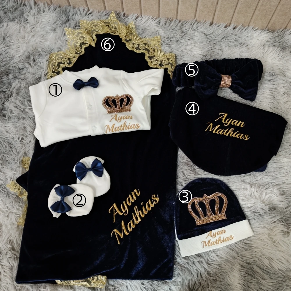 6Pcs Baby Boy Formal Outfit Set Navy Velvet Crown Design Birthday Baptism Romper with Hat