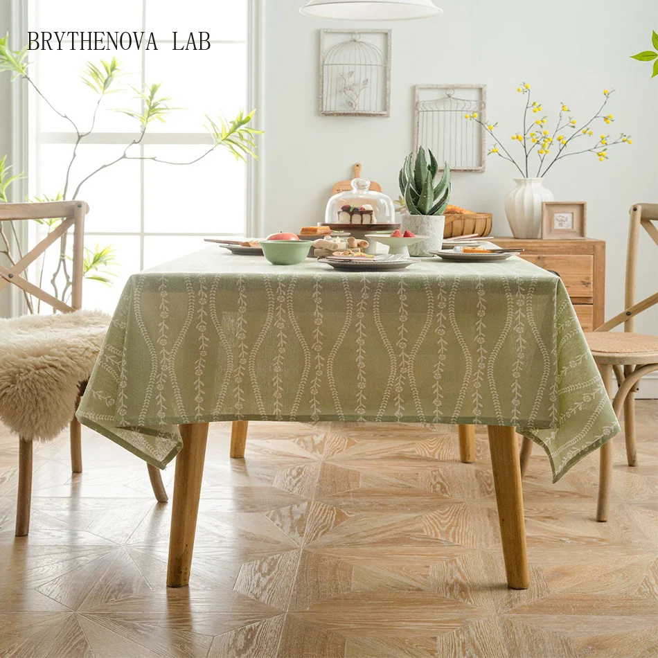 Green Polyester Tablecloth, Rectangular Vertical Floret Dust-Proof Cover, Table for Party Kitchen Dinning Table Home Decor