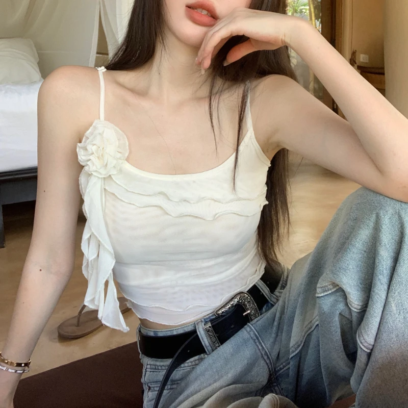 

Vintage Ruffles Solid Color Casual Mesh Camisole Women 2024 Spring New High Street 3d Flower Sexy Slim All Match Crop Tops