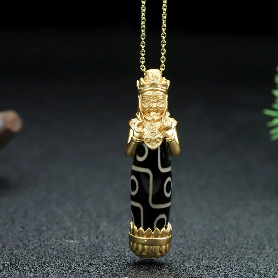 Collar con Colgante de Cuentas Dzi de Ágata Negra de 9 Ojos del Budismo Tibetano, Chapado en Oro de Cobre de 24k, Joyería para Mujer, Amuletos de la Suerte