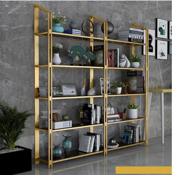 

Stainless steel metal bookshelf shelving Gold Floor partition display stand iron art living room decoration display case