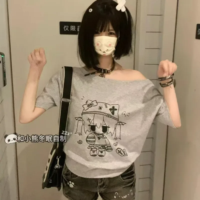 

Kawaii Soft Girl Cute Anime Skew Collar Short Sleeve T Shirt Women Summer New Loose Slim Versatile Tops Women Clothes
