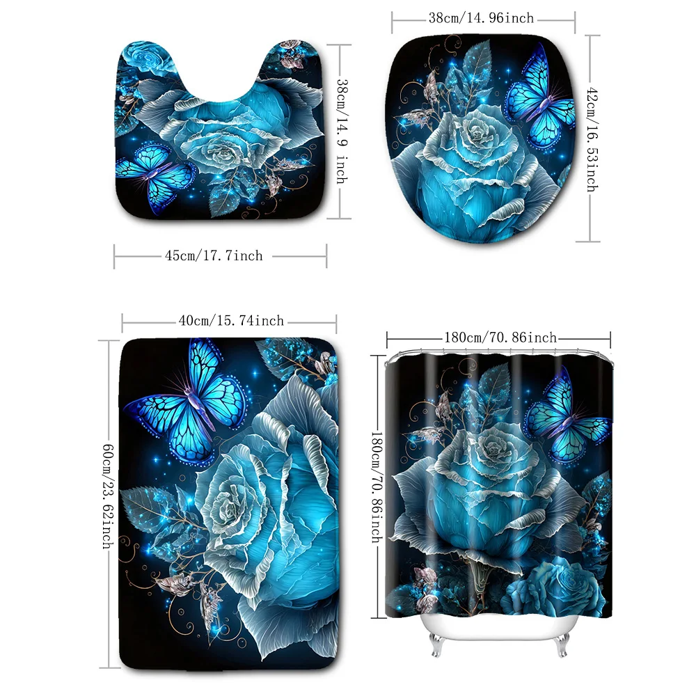 4-piece set of blue fairy flower print 12 hook waterproof shower curtain, bathroom floor mat, U-shaped mat, toilet O cover mat