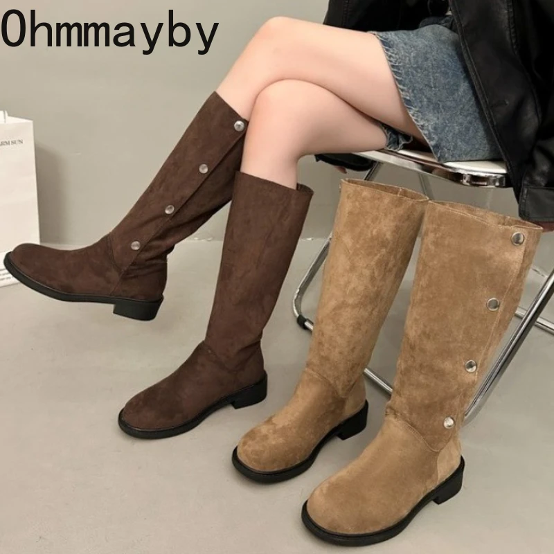 

Зимние женские высокие сапоги с круглым носком в уличном стиле, лаконичные туфли на низком каблуке, женские винтажные длинные ботильоны, Zapatos De Muje
