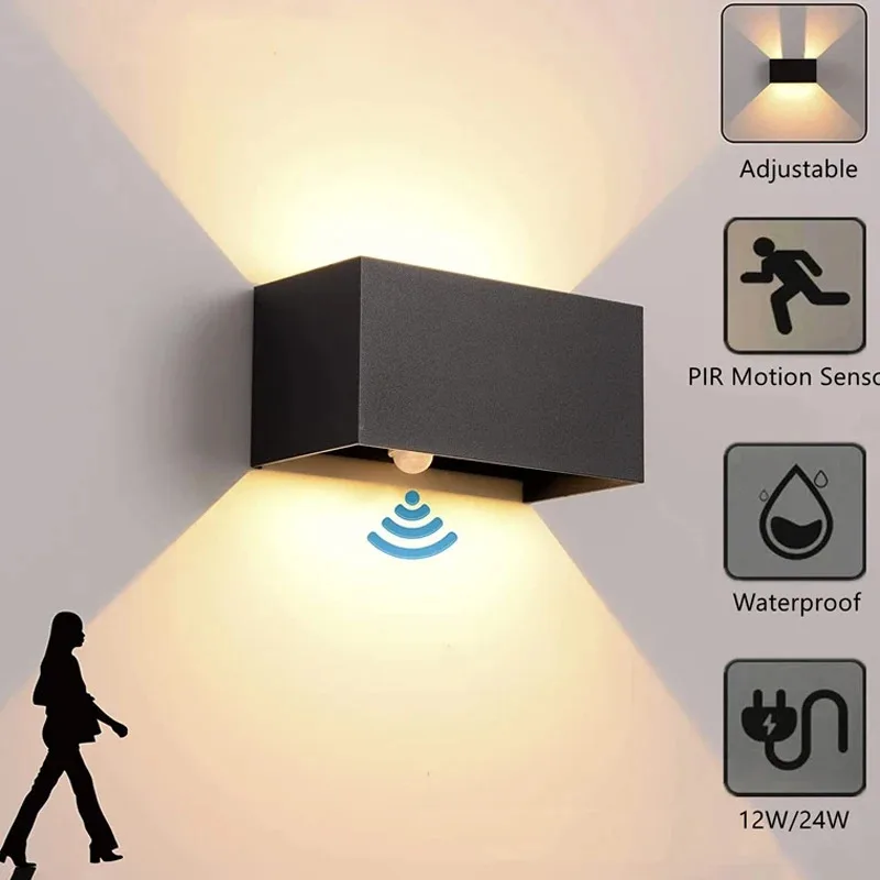 

Уличный светодиодный настенный светильник с датчиком движения PIR, квадратный, водонепроницаемый IP65, для крыльца и сада, наружное освещение