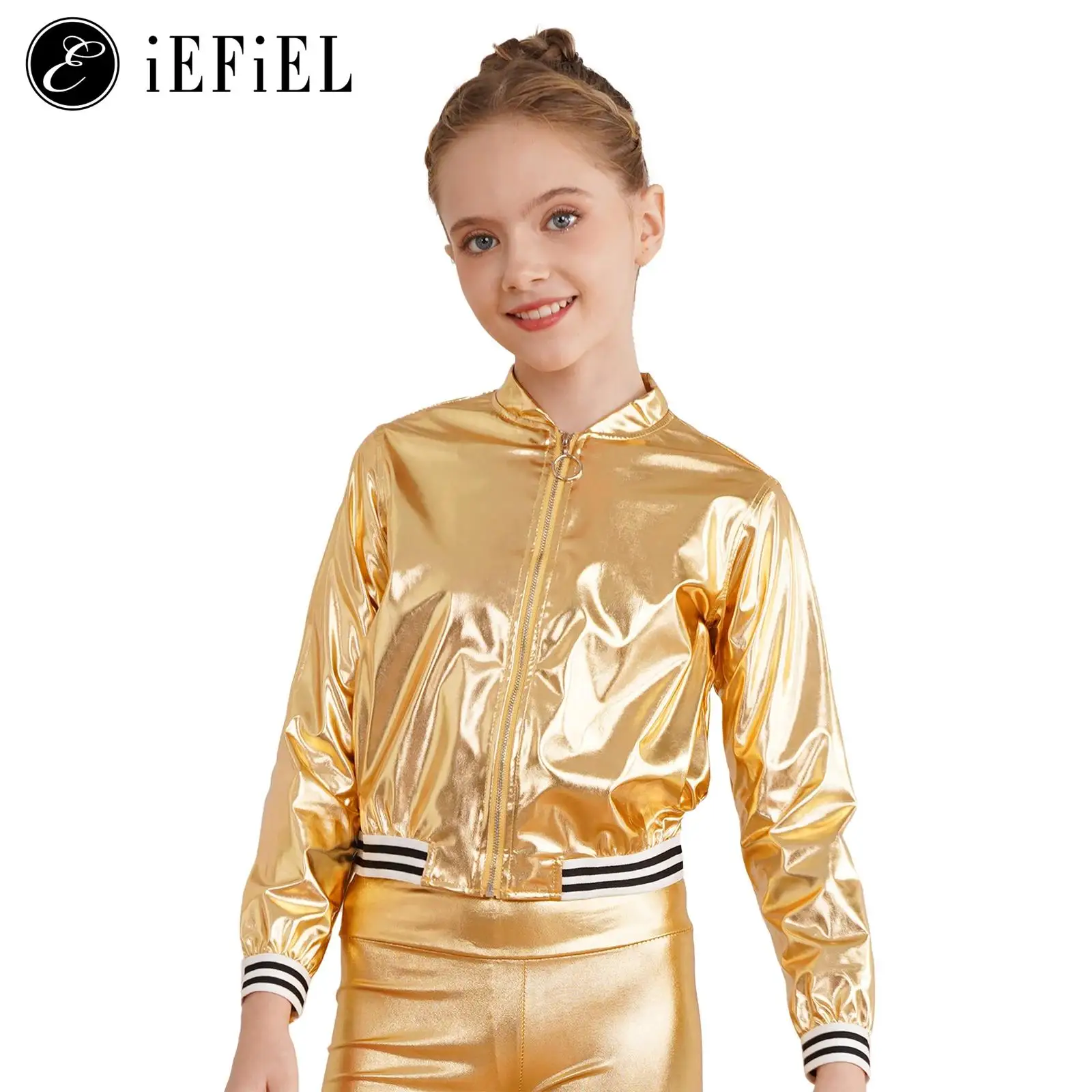 Kids Girls Shiny Metallic Zip Up Flight Jacket Bomber Coat Outerwear for Hip Hop Jazz Dance Stage Performance Streetwear