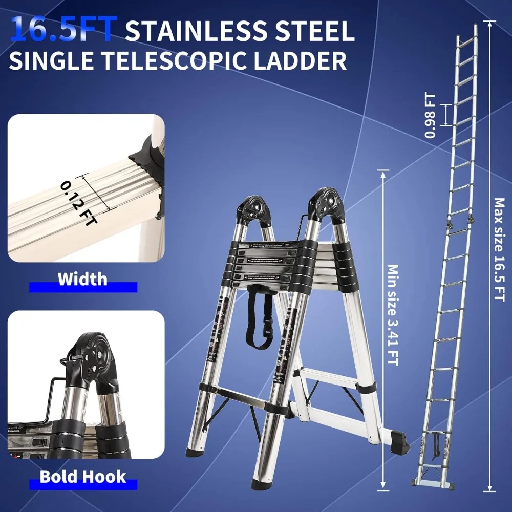 Телескопическая лестница JADDUO с рамой, компактная алюминиевая удлиняющаяся лестница длиной 16,5 футов, портативная телескопическая лестница для кемпинга на открытом воздухе