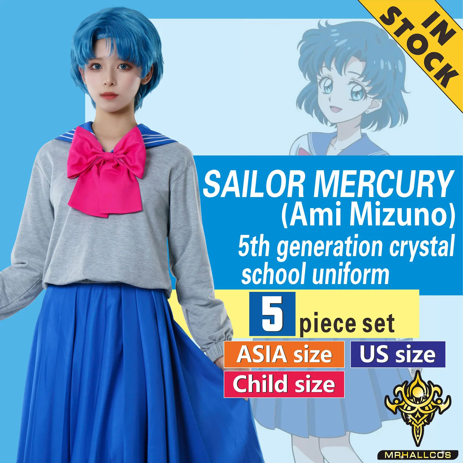 MRHALLCOS Anime Cosplay Sailor Mercury Ami Mizuno Moon Crystal school uniform outfit costume Halloween JK Party Kid Adult Women