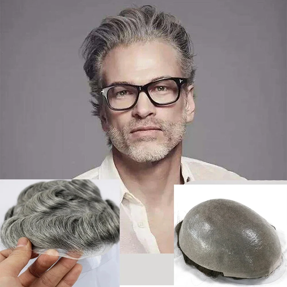 Super Thin 0.06-0.08mm Skin Men's Toupee Natural Hairline Male Vlooped Grey Black 100% Human Hair Replacement System Capillary