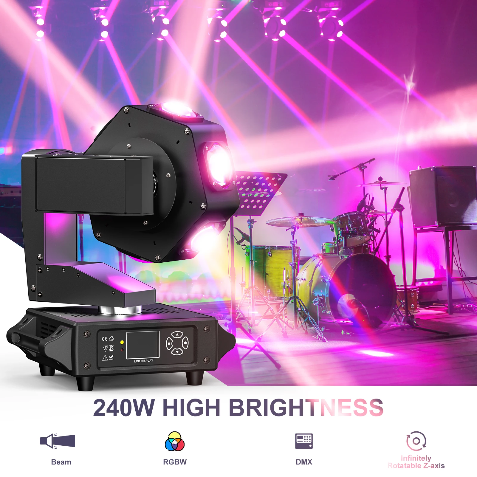 Somspot 240W RGBW Moving Head Light Beam DMX512 14/16CH Stage Light Effect Projector for DJ Disco Party Wedding Holiday Bar Club