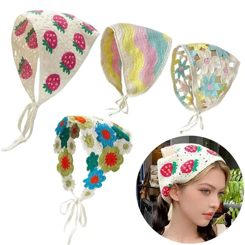 French Pastoral Style Triangle Headband Spring Summer Hollow Lace Triangle Scarf Handmade Ribbon Weave Crochet Headwear
