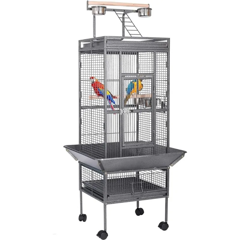 63 Inch Wrought Iron Large Bird Flight Cage with Rolling Stand for African Grey Parrot Cockatiel Sun Parakeet Conure Lovebird