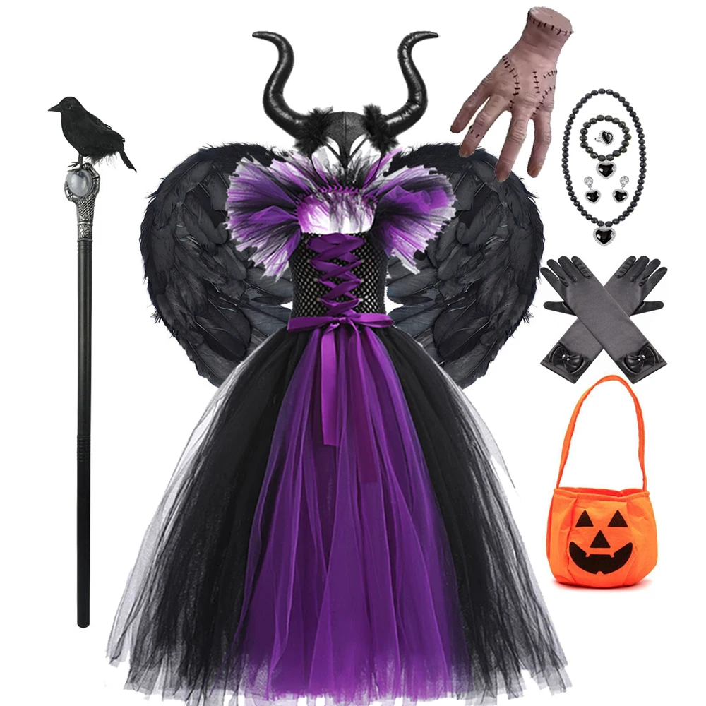 Ropa de Cosplay para niños para Halloween 2025, disfraz de maléfica, vestido tutú para niña, disfraz de Reina Malvada, vestido de bruja, disfraz de villano