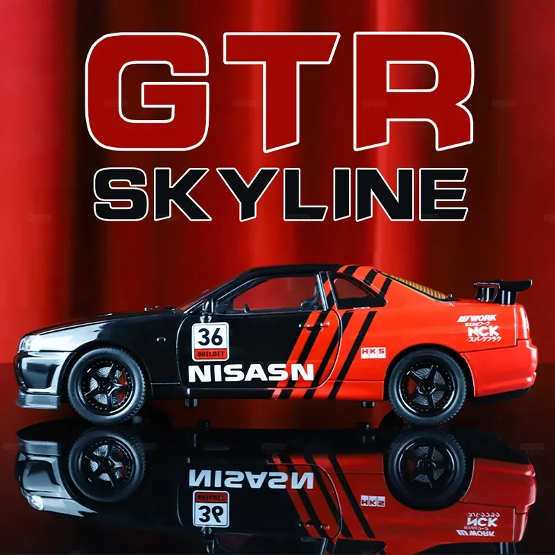 Simulation Diecast 1/24 Scale Nissan GTR Skyline Sport Car Model Alloy Toy Vehicle Children Boy Man Birthday Gift Home Decor