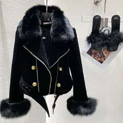 New designer velvet jacket, women's detachable faux fox fur collar, double zippered motorcycle black jacket, short jacket