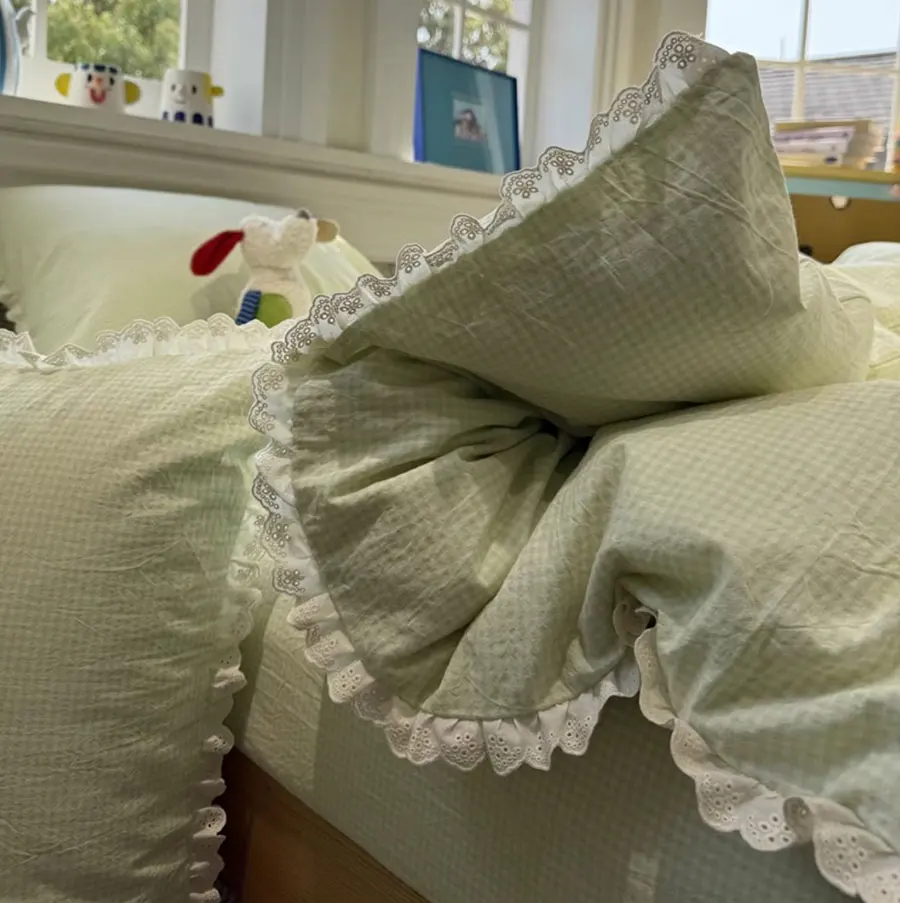 

Fresh green plaid bedding set single double,twin full queen king fairyfair lace cotton home textile sheet pillowcase quilt cover