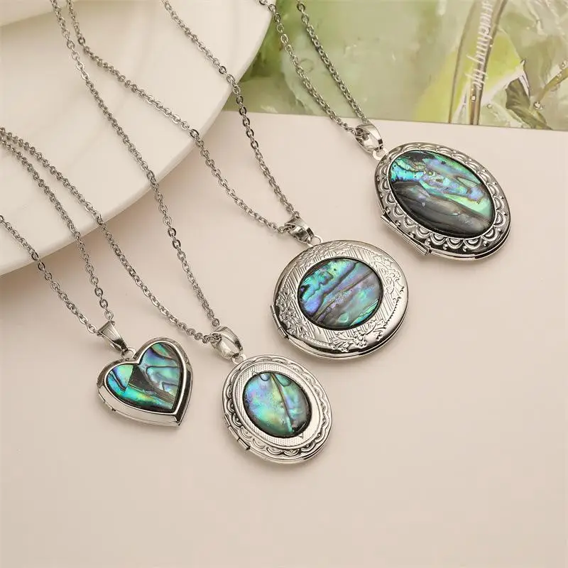 Vintage Abalone Shell Locket Pendant Necklace Openable Photo Box Chain Neck Jewelry For Women Daily Party Dating Gift Wear