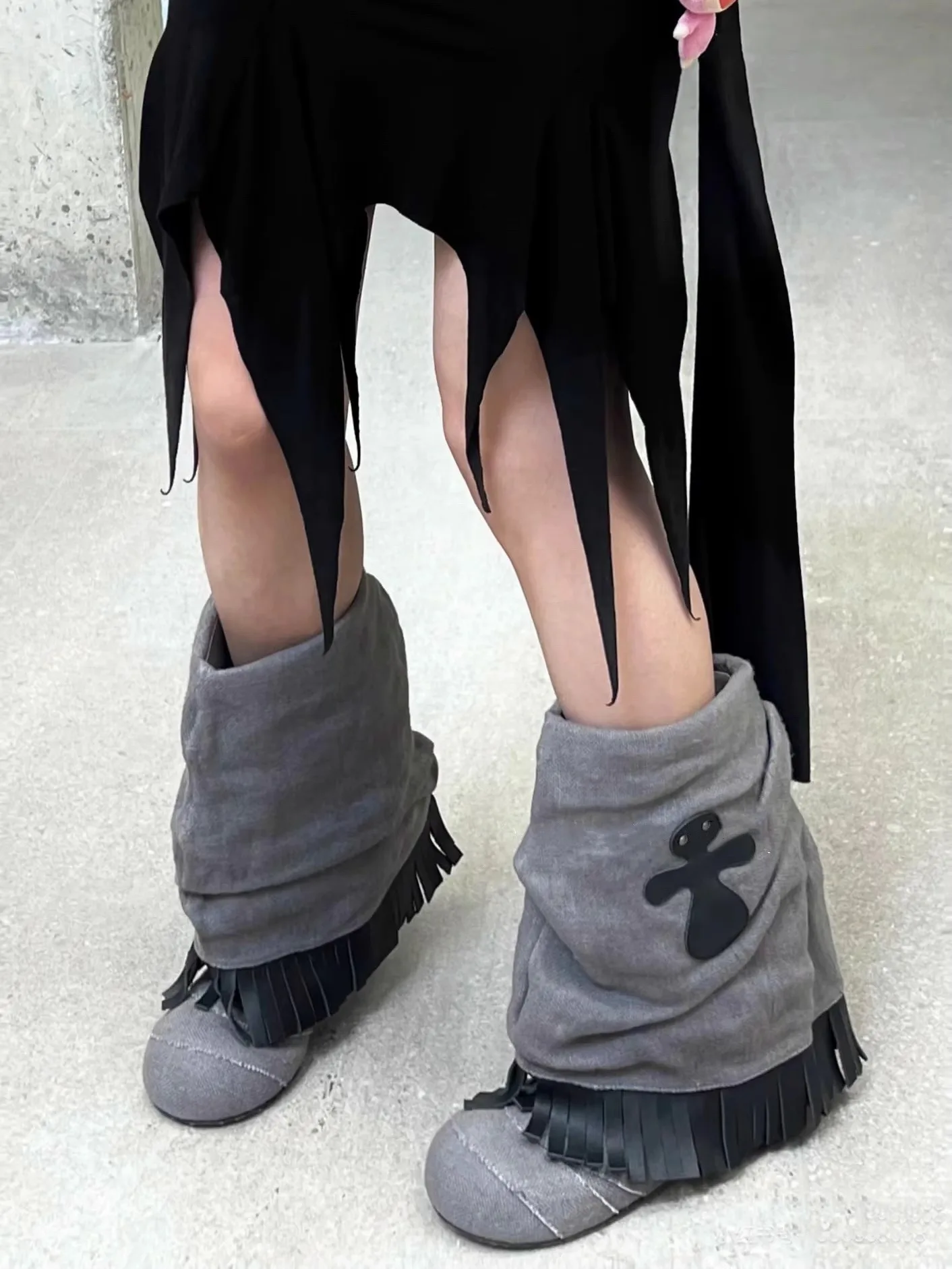 

Platform Round Toe Tassel Boots Gray Denim Short Leg Botines Niche Design Versatile Women's Botas Femininas