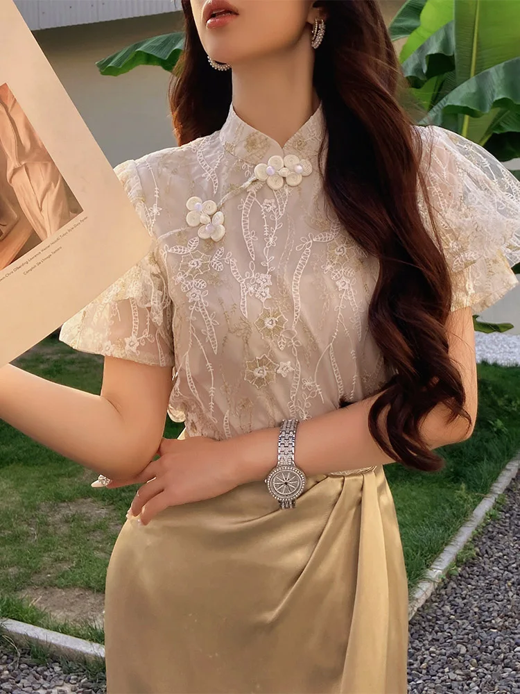 DABUWAWA Tienda Vestidos Elegantes Para Mujeres Lace Mesh Embroidery Blouses Camisas Pullover Chinese Style Tops Y2K DA1BST006