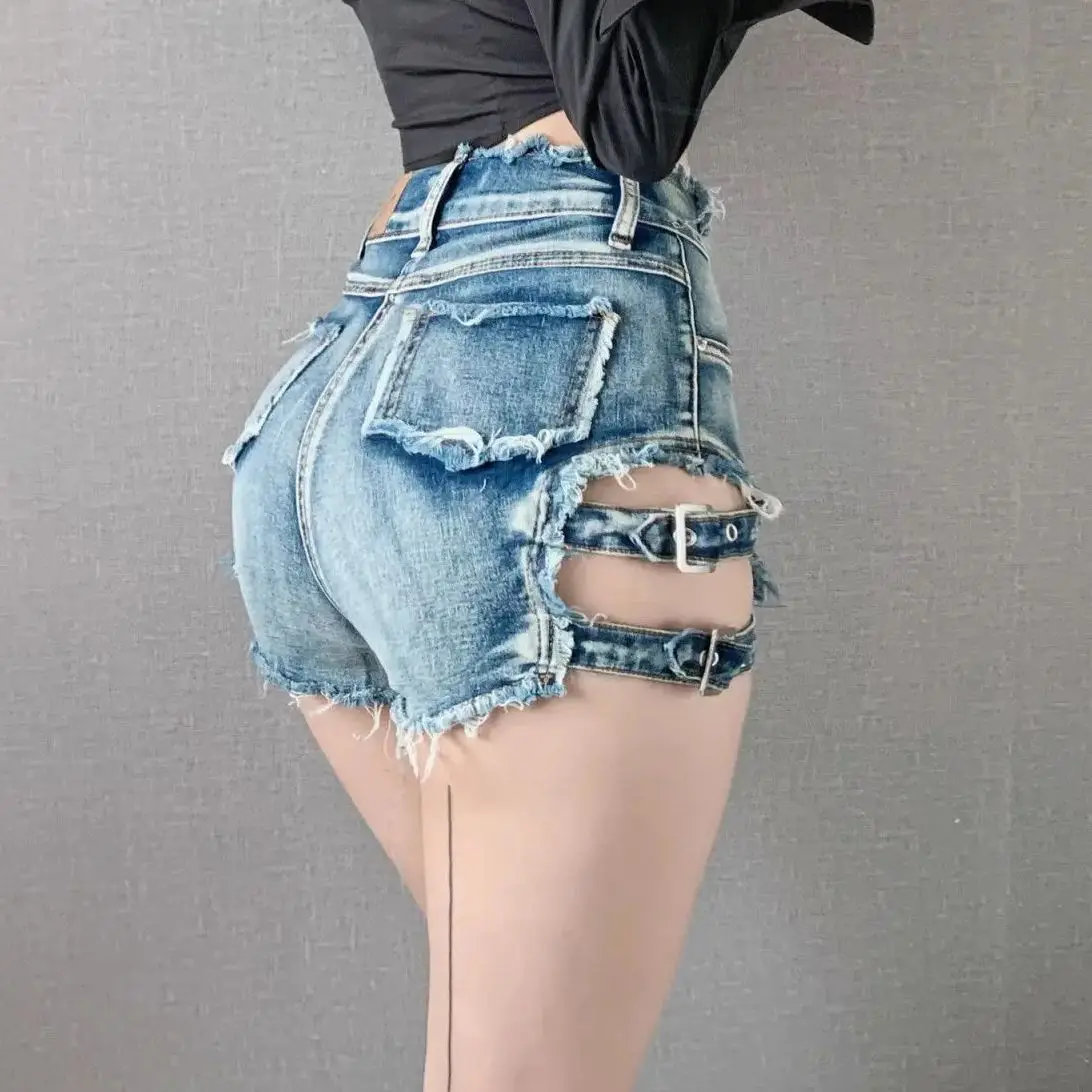 

Denim Shorts Rough Selvedge Hollow Out Night Club Hot-Sweet Girl High Waist Summer Women Sexy Mini American Retro Ripped Vintage