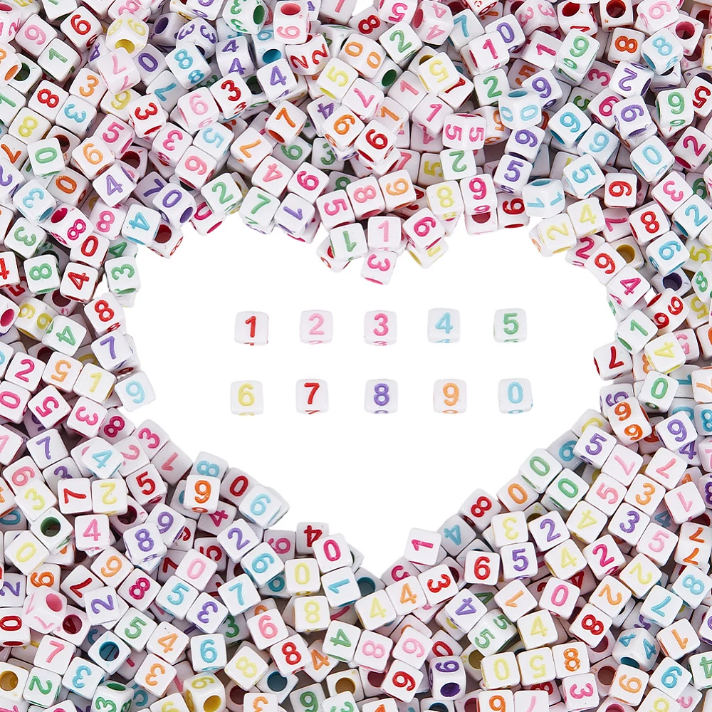 1200pcs 6mm Cube Number Acrylic Beads Opaque White Base Colored Texts Square Plastic Numbers Alpha Loose Spacer Bead Charm Bulk