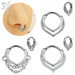 ZS 1 PC Double Layers Stainless Steel Nose Ring Men Women Crystal Septum Piercings Tassel Drop Cartilage Helix Piercing Jewelry