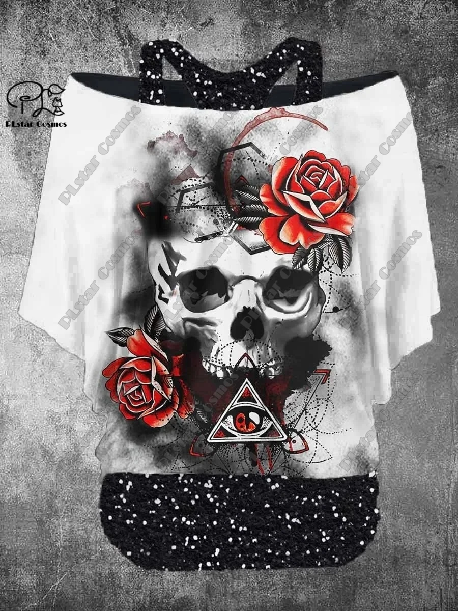 

PLstar Cosmos 3D Printed Fake Two-Piece Top Women's Retro Punk Skull Rose Casual T-Shirt Halloween Costume Collection 9